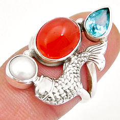 925 silver 7.13cts natural cornelian topaz pearl fish ring jewelry size 6 y3903