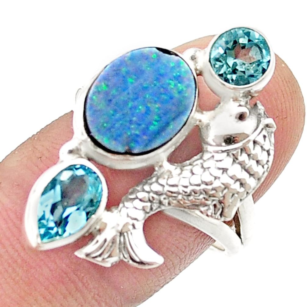925 silver 4.91cts natural doublet opal australian topaz fish ring size 8 d47648