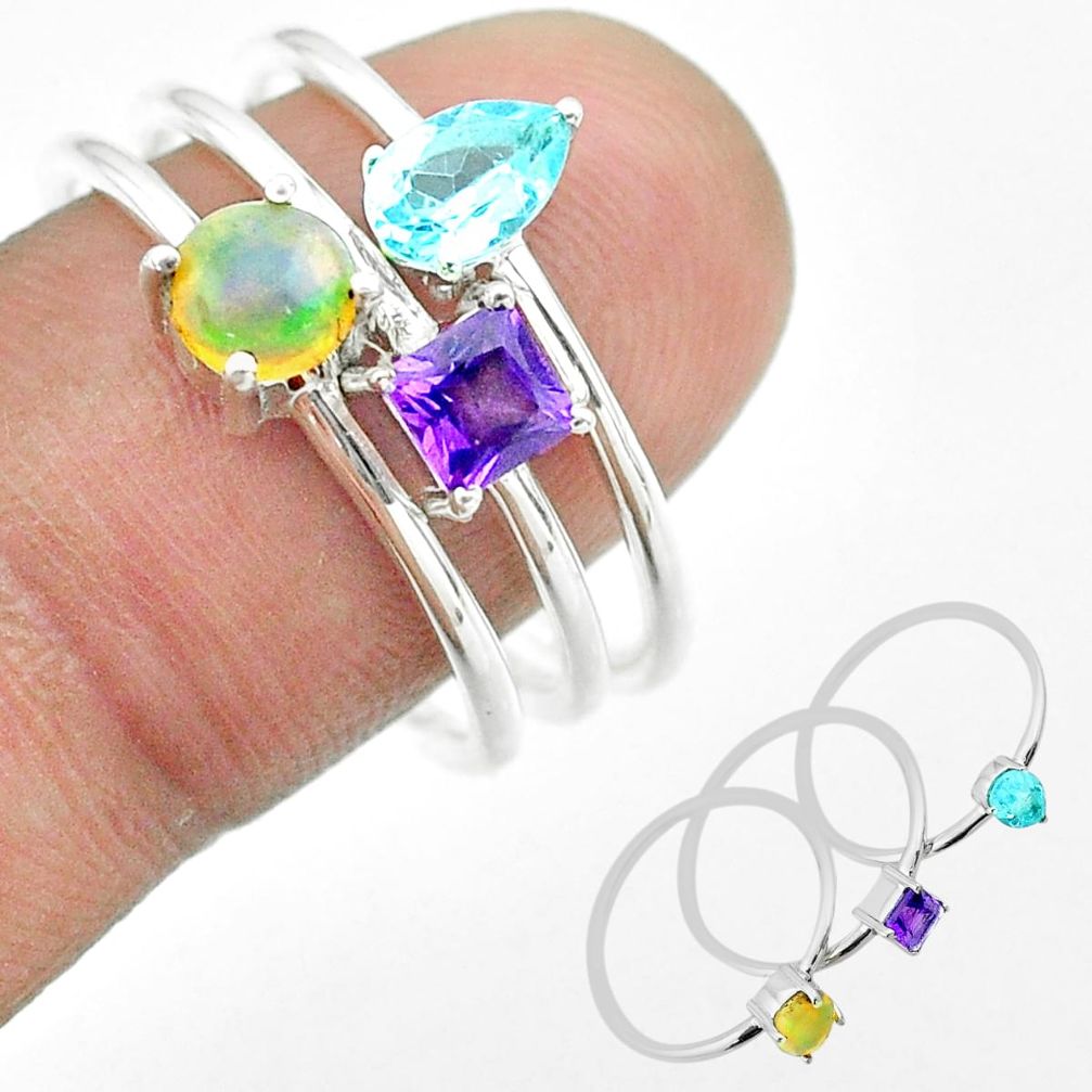 925 silver 3.28cts natural ethiopian opal amethyst topaz 3 rings size 9 t51104