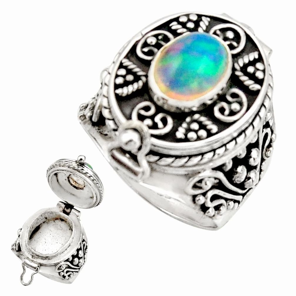 925 silver 2.92cts natural ethiopian opal oval poison box ring size 7.5 r26659