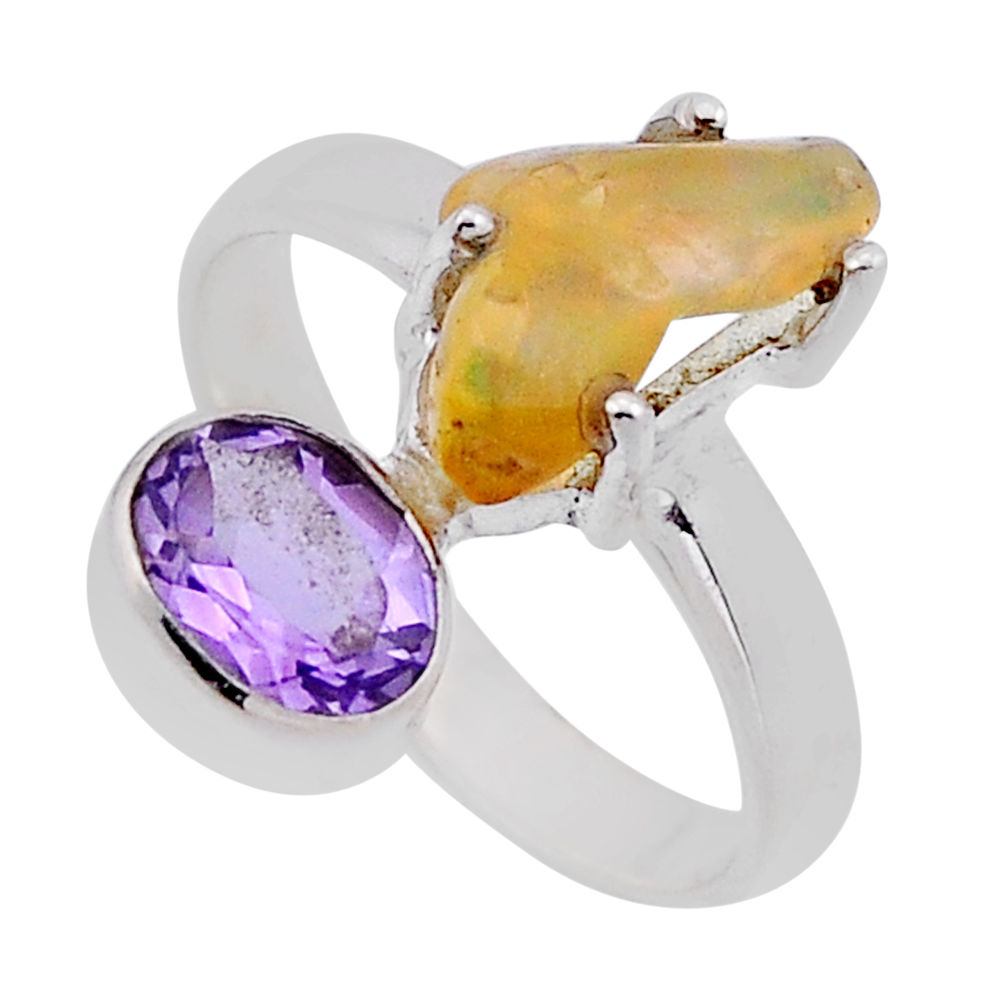 925 silver 7.72cts natural ethiopian opal rough amethyst ring size 7.5 n50055