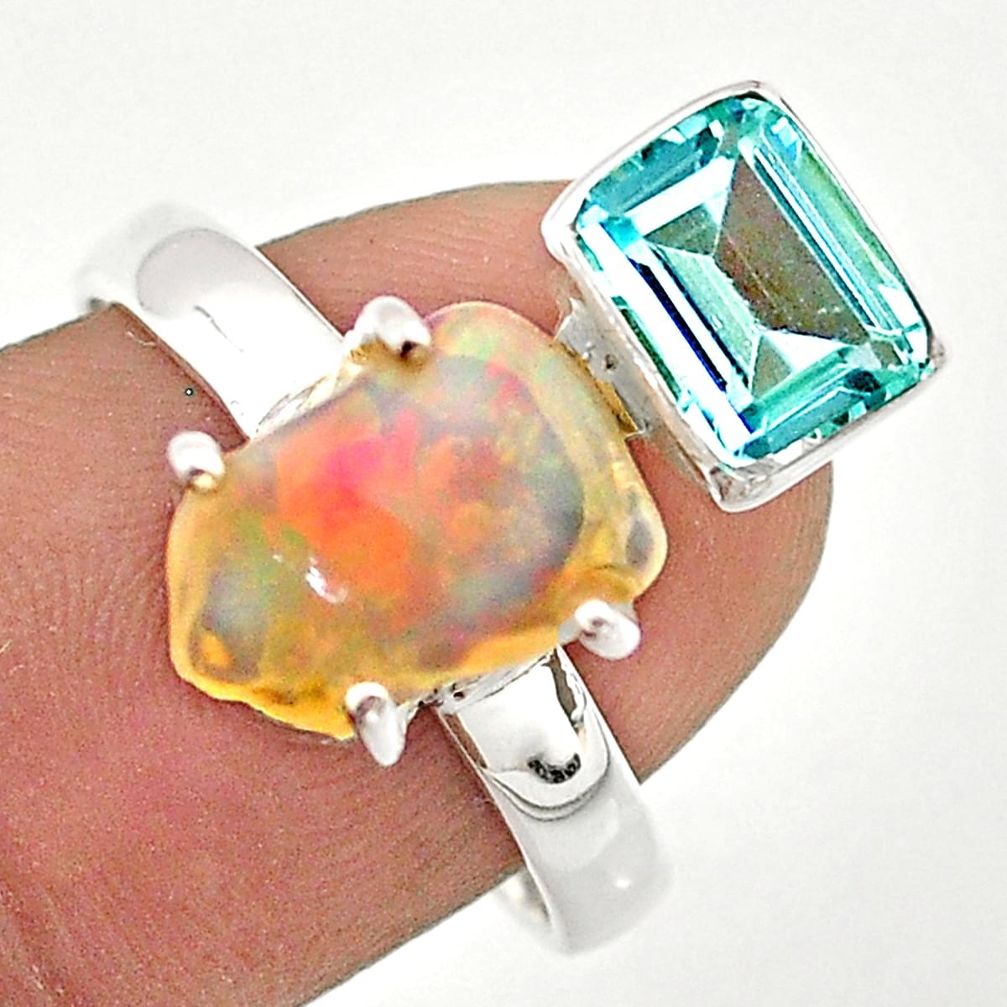 925 silver 8.06cts natural ethiopian opal rough blue topaz ring size 9 t70388