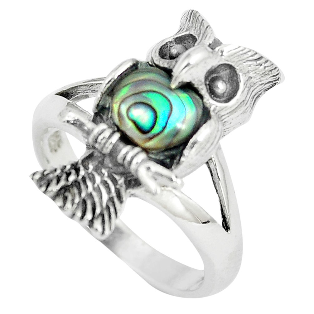 925 silver 1.38cts natural green abalone paua seashell owl ring size 8 c12681