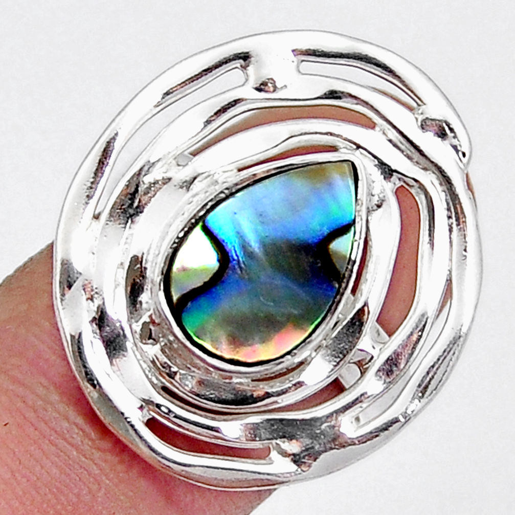 925 silver 3.21cts natural green abalone paua seashell pear ring size 6.5 y4235