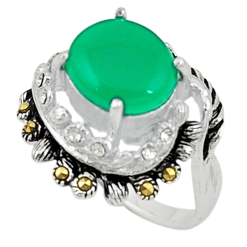 925 silver natural green chalcedony marcasite ring jewelry size 8.5 c22081