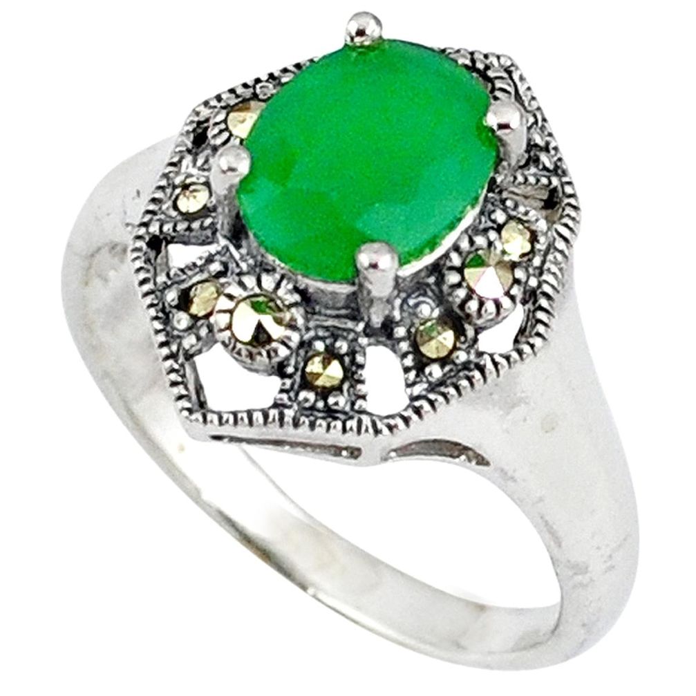 925 silver natural green chalcedony swiss marcasite ring size 7.5 c17375