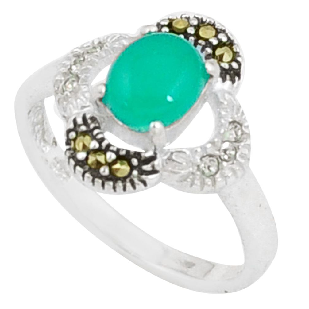 925 silver 2.42cts natural green chalcedony swiss marcasite ring size 7 c26034