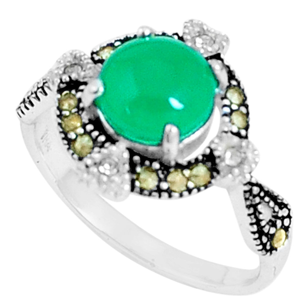 925 silver 3.17cts natural green chalcedony swiss marcasite ring size 8 c23676