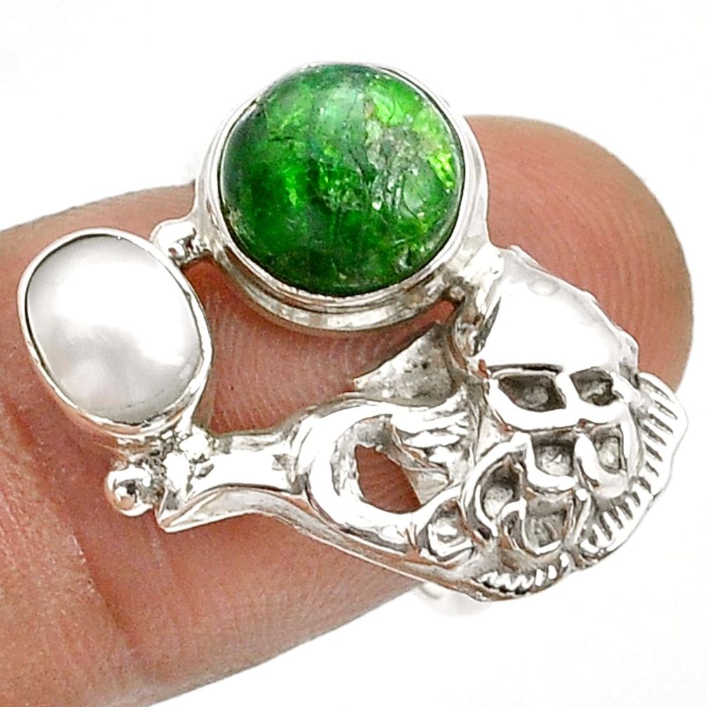 925 silver 4.38cts natural green chrome diopside pearl fish ring size 6.5 u75140