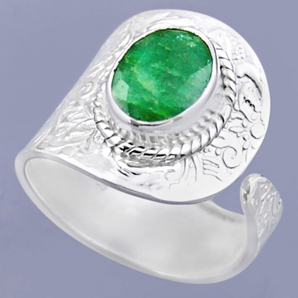 925 silver 4.40cts natural green emerald oval adjustable ring size 9.5 r54906