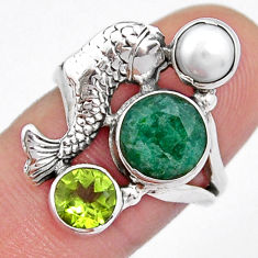 925 silver 5.16cts natural green emerald peridot pearl fish ring size 7.5 y3927