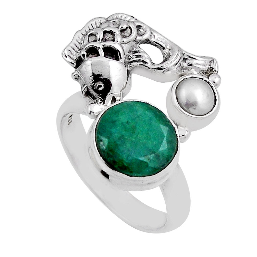 925 silver 5.42cts natural green emerald round pearl fish ring size 6.5 n25879