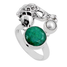 925 silver 5.42cts natural green emerald round pearl fish ring size 6.5 n25879