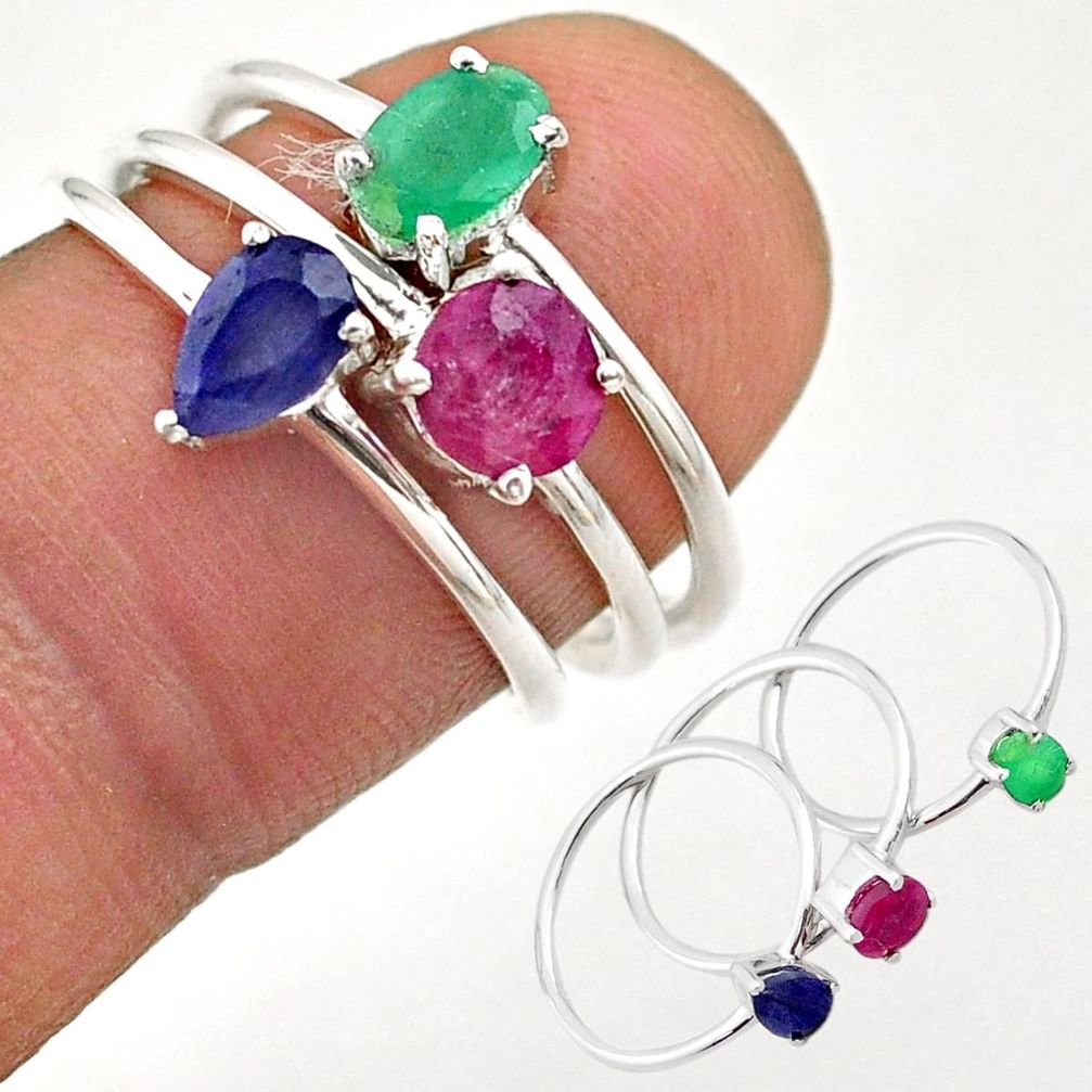 925 silver 2.70cts natural green emerald ruby iolite 3 rings size 7 t74935