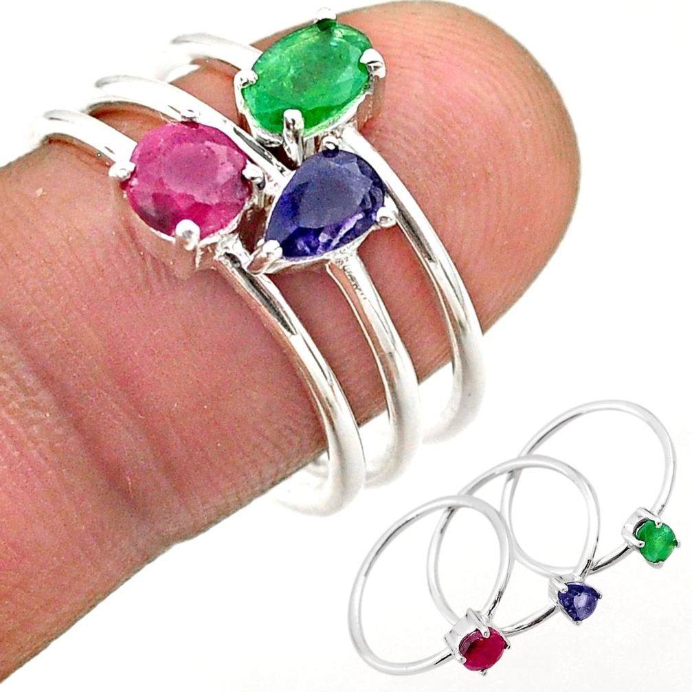 925 silver 2.81cts natural green emerald ruby iolite 3 rings size 8 t74928