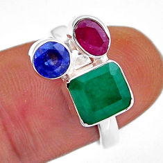925 silver 4.64cts natural green emerald sapphire red ruby ring size 7 n49534