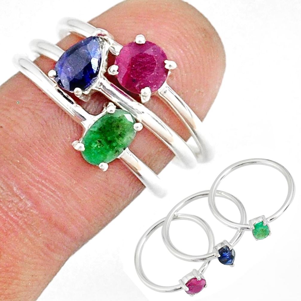 925 silver 3.02cts natural green emerald sapphire ruby 3 rings size 7 r79824