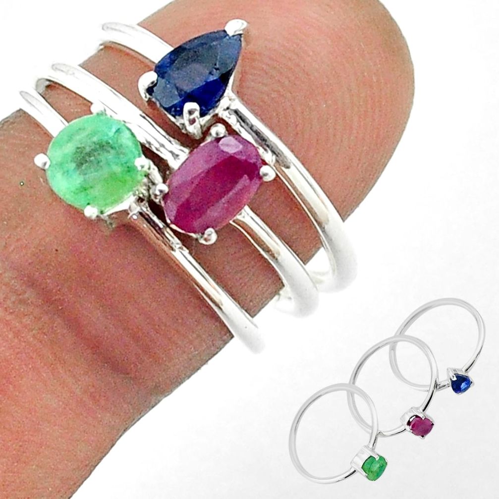 925 silver 3.14cts natural green emerald sapphire ruby 3 rings size 7 t50922