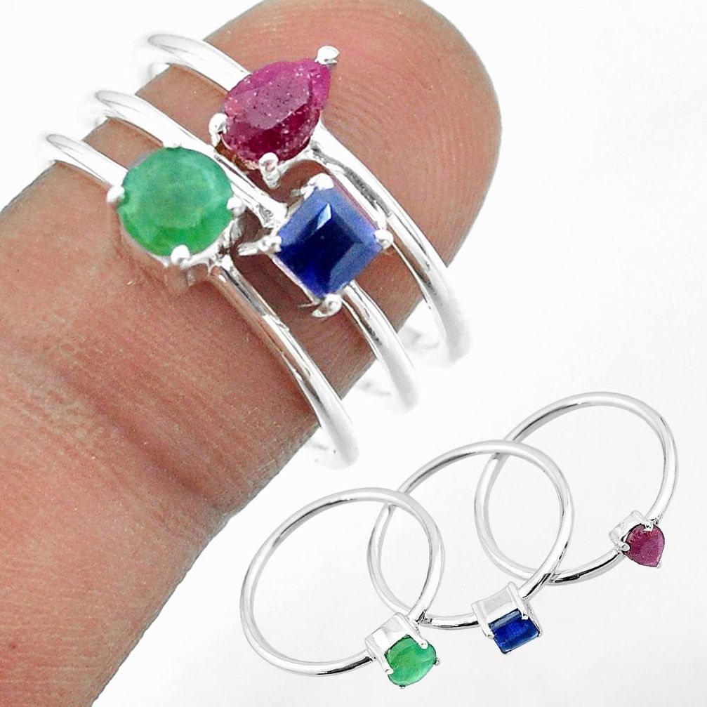 925 silver 3.14cts natural green emerald sapphire ruby 3 rings size 8 t50999