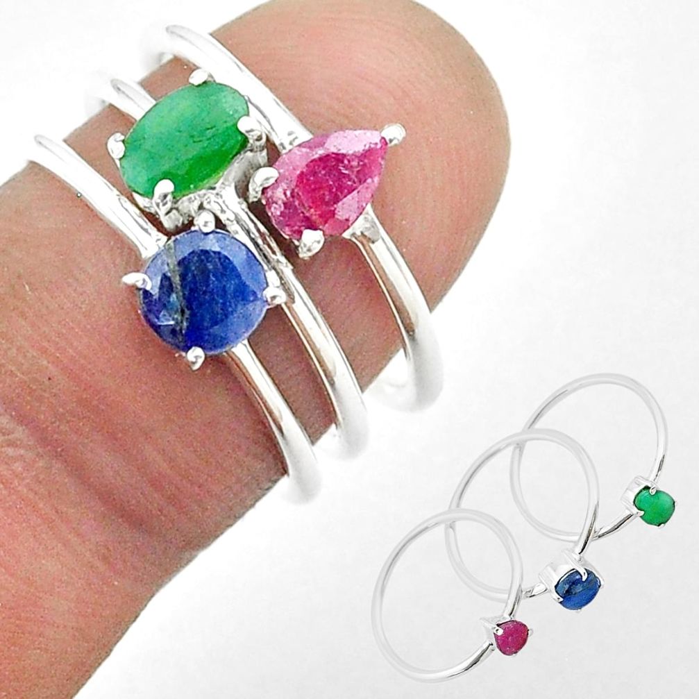 925 silver 2.98cts natural green emerald sapphire ruby 3 rings size 6.5 t50936