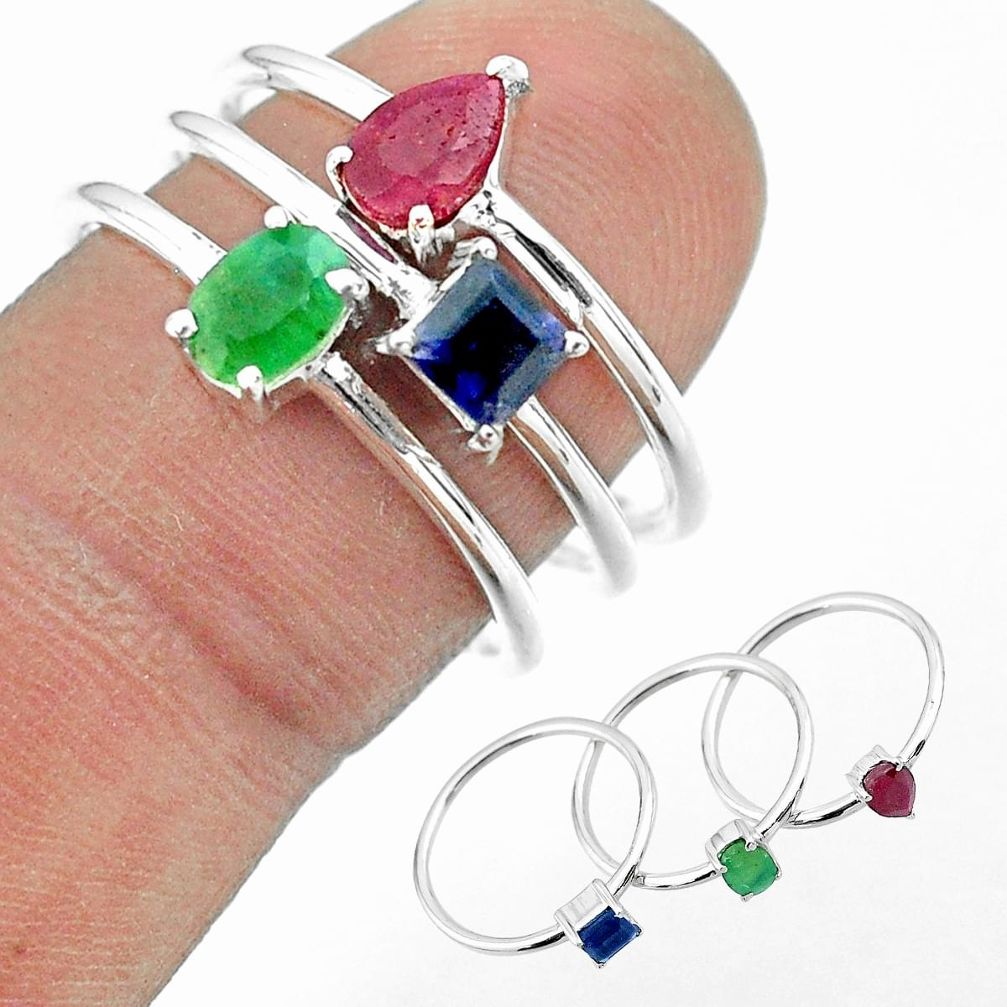 925 silver 2.97cts natural green emerald sapphire ruby 3 rings size 7.5 t50970