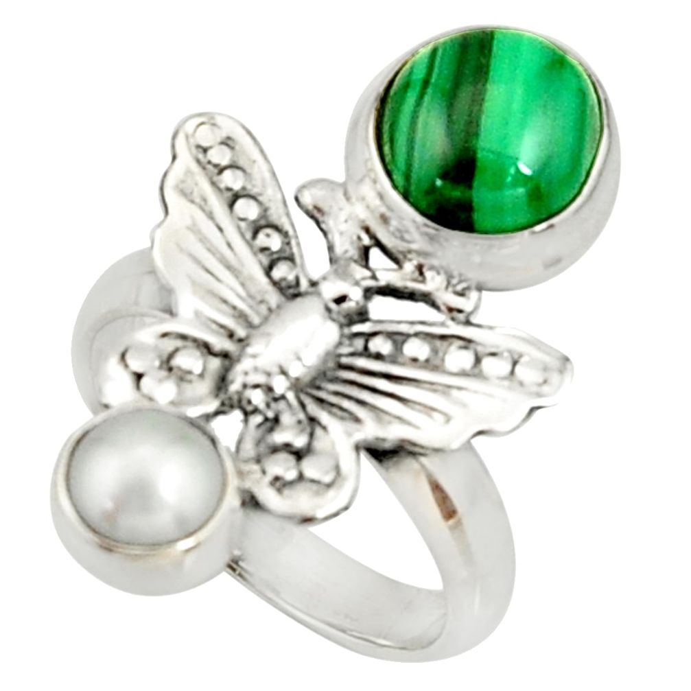 925 silver 5.42cts natural green malachite pearl butterfly ring size 7 r22647