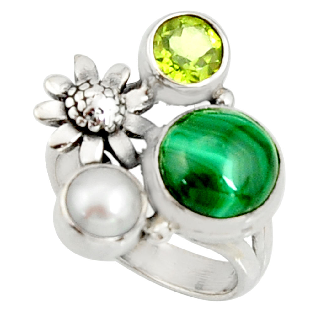 925 silver 6.76cts natural green malachite round flower ring size 6.5 r22644