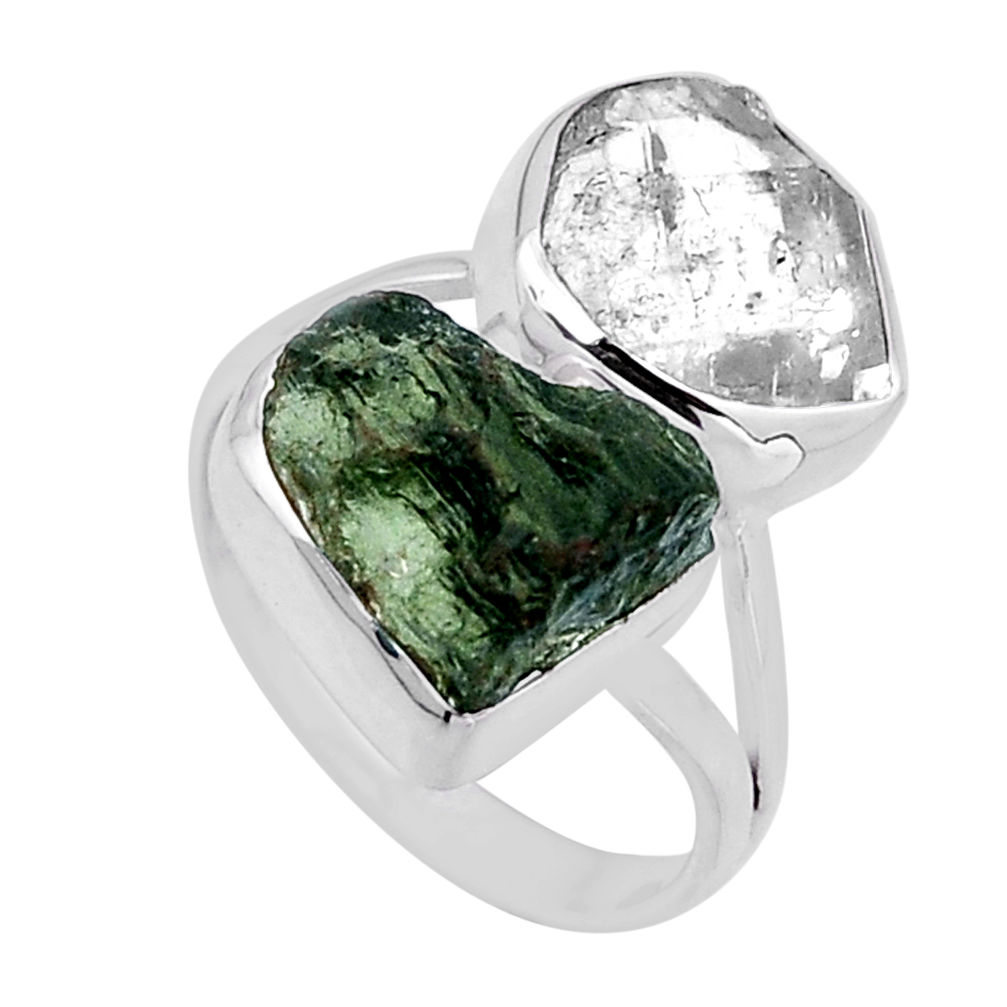 925 silver 9.65cts natural green moldavite herkimer diamond ring size 7.5 n48640