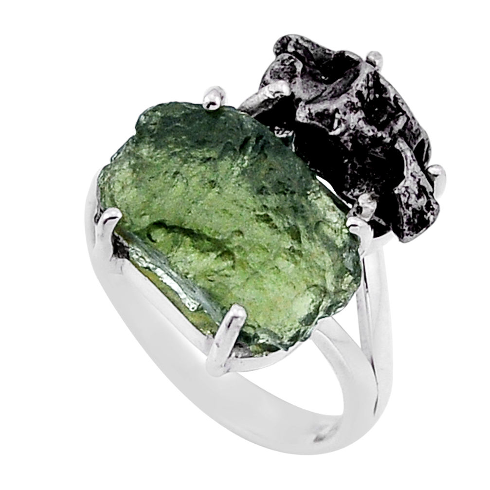 925 silver 9.09cts natural green moldavite meteorite gibeon ring size 7 n48676