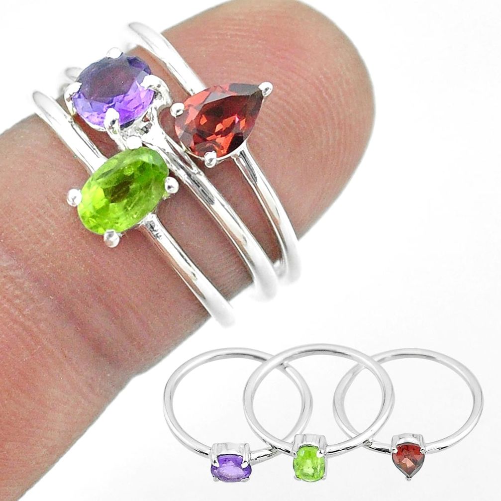 925 silver 2.81cts natural green peridot amethyst garnet 3 rings size 6 t51059