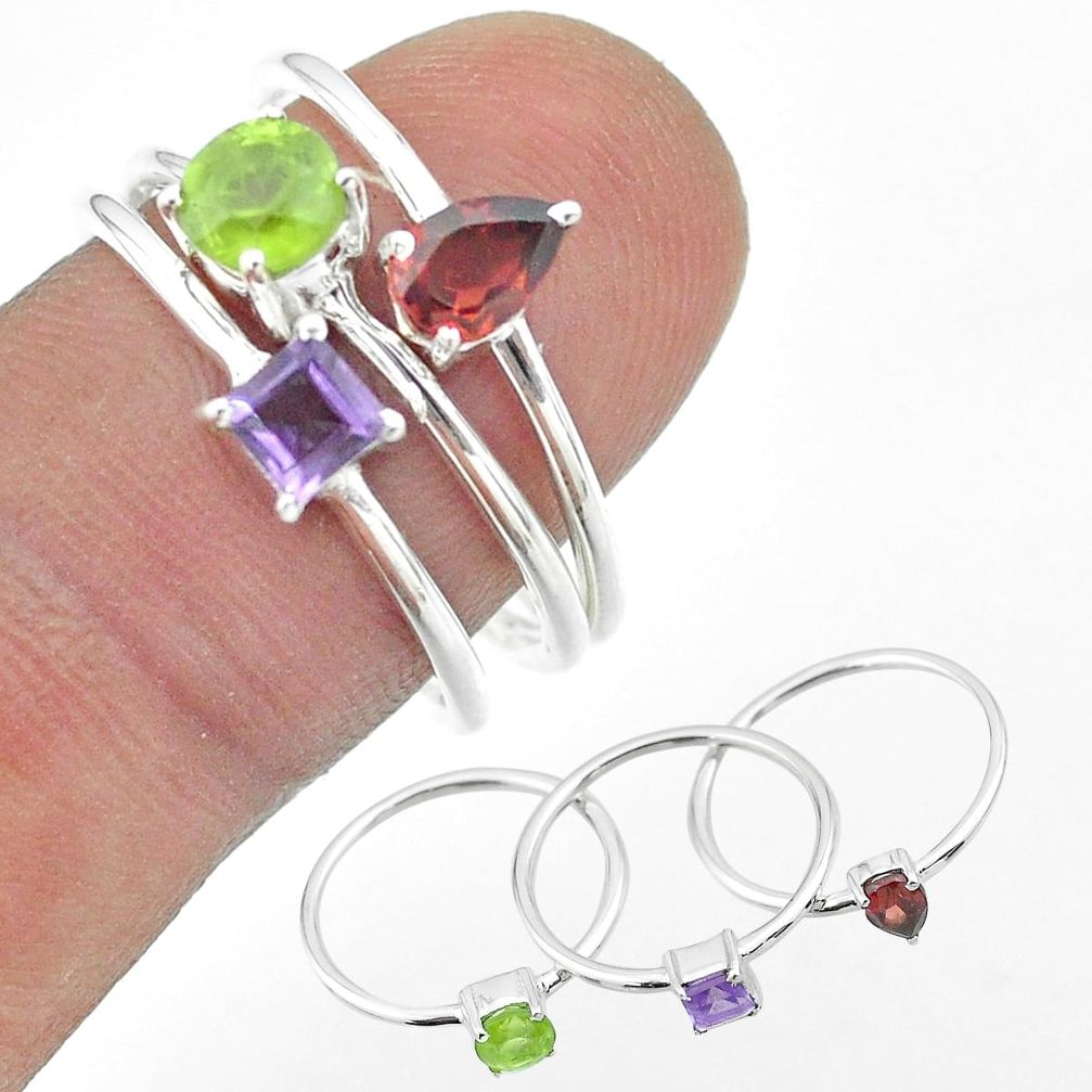 925 silver 3.14cts natural green peridot amethyst garnet 3 rings size 8 t51072