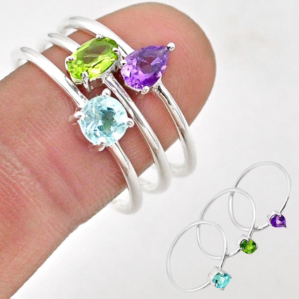 925 silver 2.98cts natural green peridot amethyst topaz 3 rings size 9 t74820