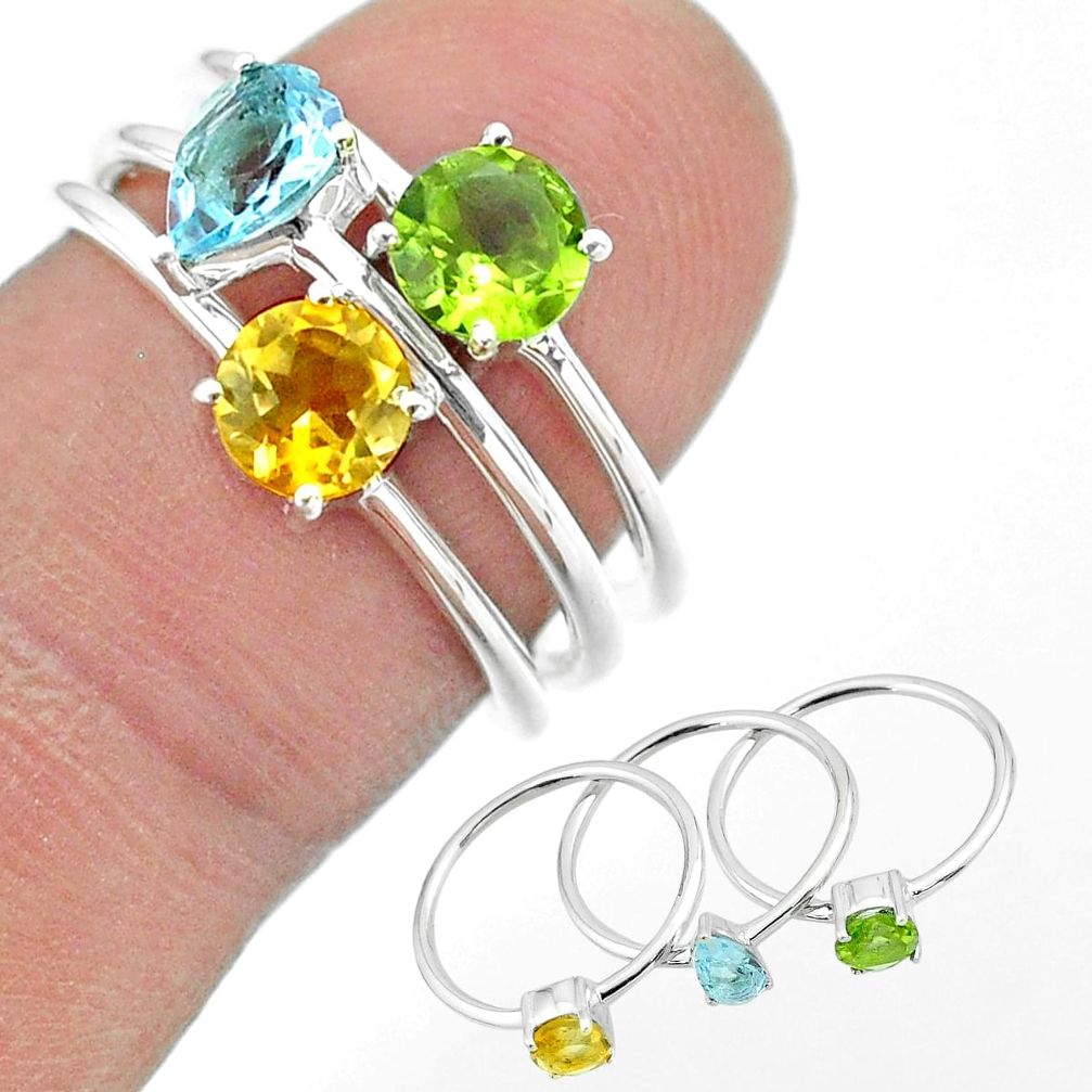 925 silver 2.98cts natural green peridot citrine topaz 3 rings size 7 t51097