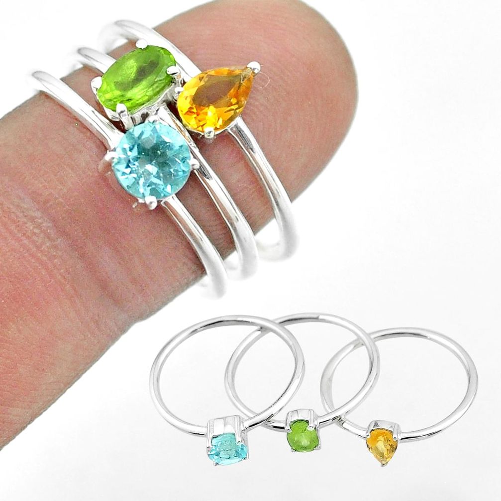 925 silver 2.98cts natural green peridot citrine topaz 3 rings size 8 t51064