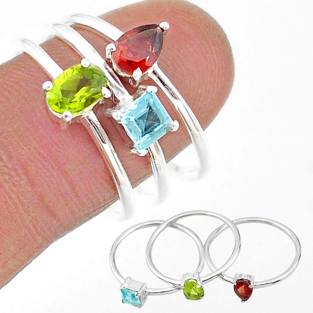 925 silver 2.98cts natural green peridot garnet topaz 3 rings size 8 t17662