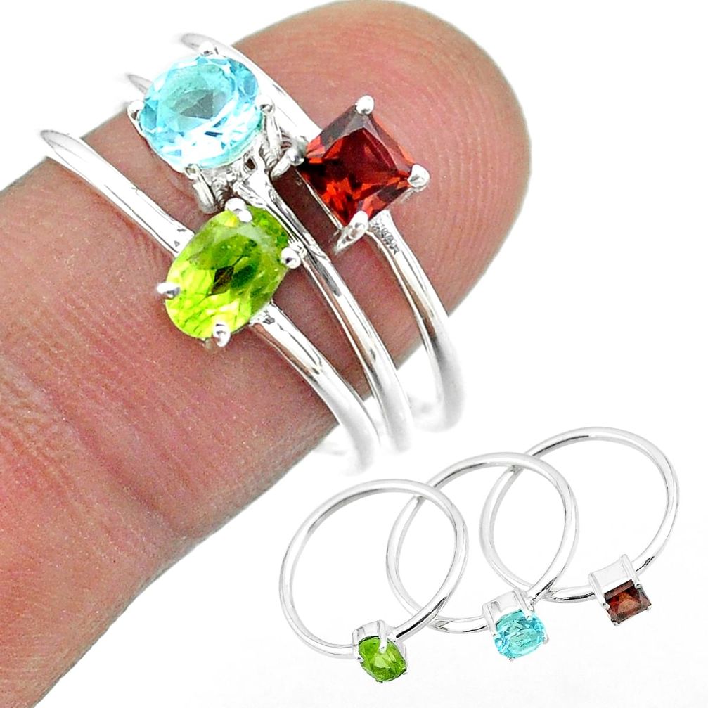 925 silver 3.14cts natural green peridot garnet topaz 3 rings size 8 t51078