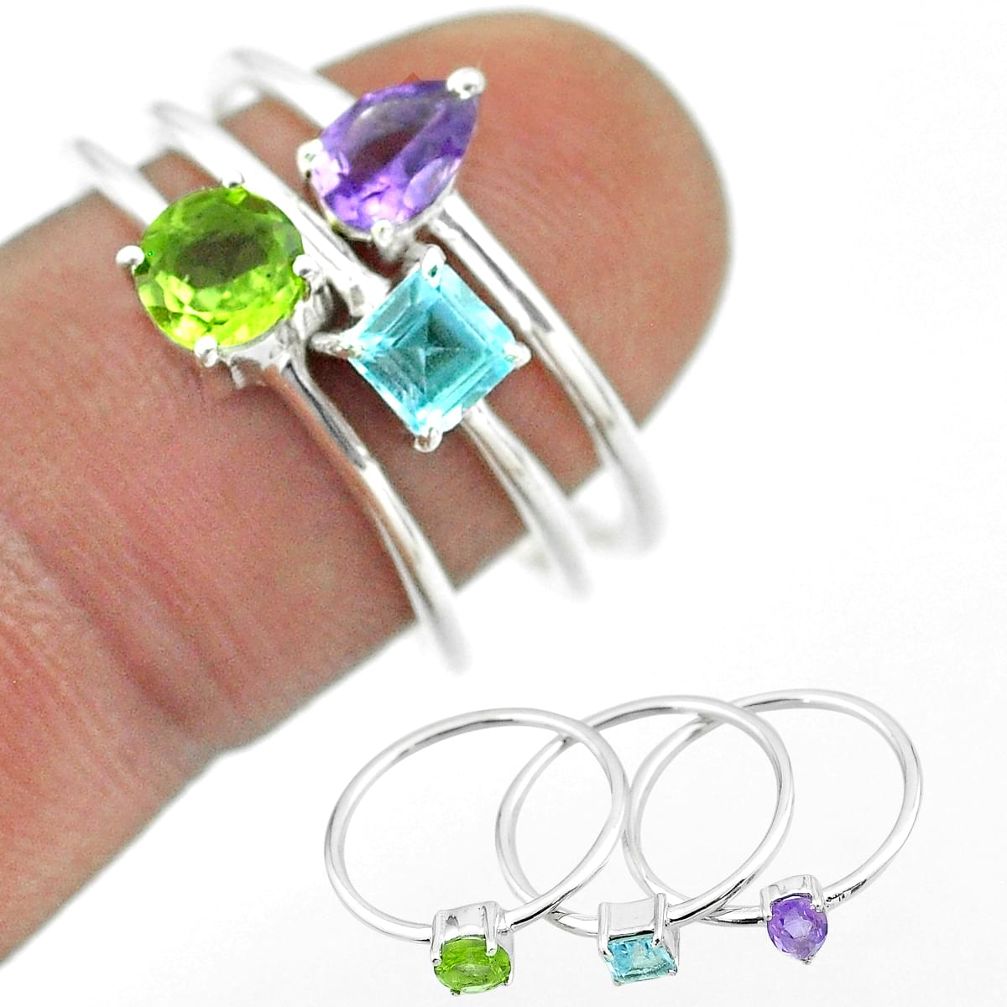 925 silver 2.98cts natural green peridot topaz amethyst 3 rings size 8 t51029