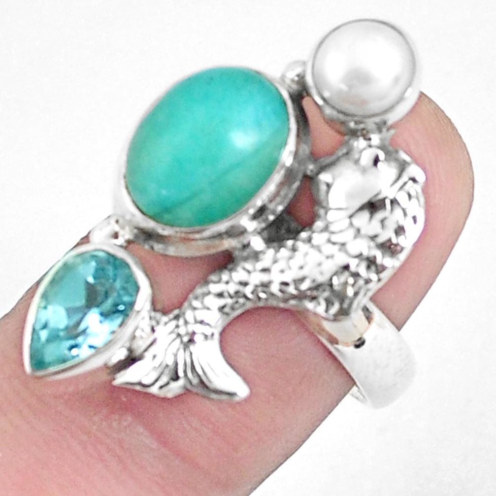 925 silver 6.20cts natural green peruvian amazonite fish ring size 7 p42618