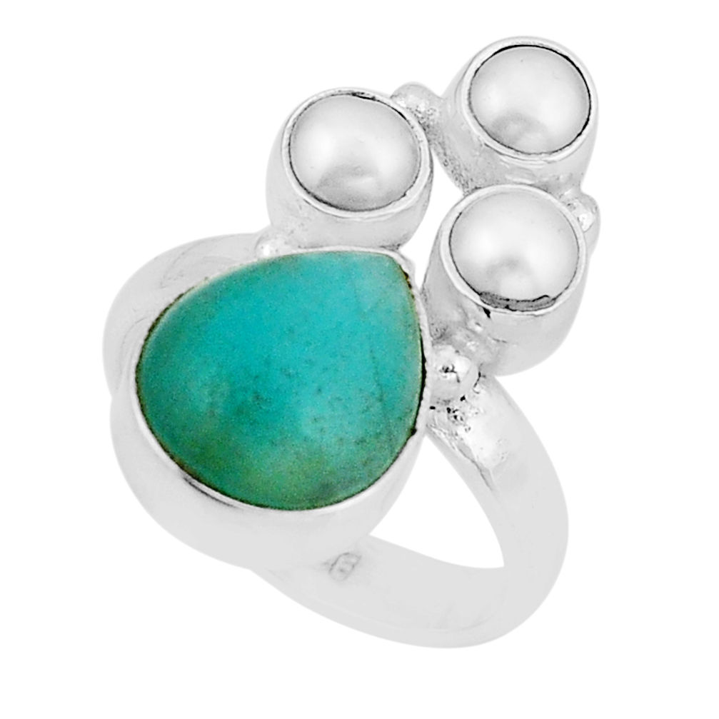 925 silver 8.14cts natural green peruvian amazonite pearl ring size 6.5 y56471