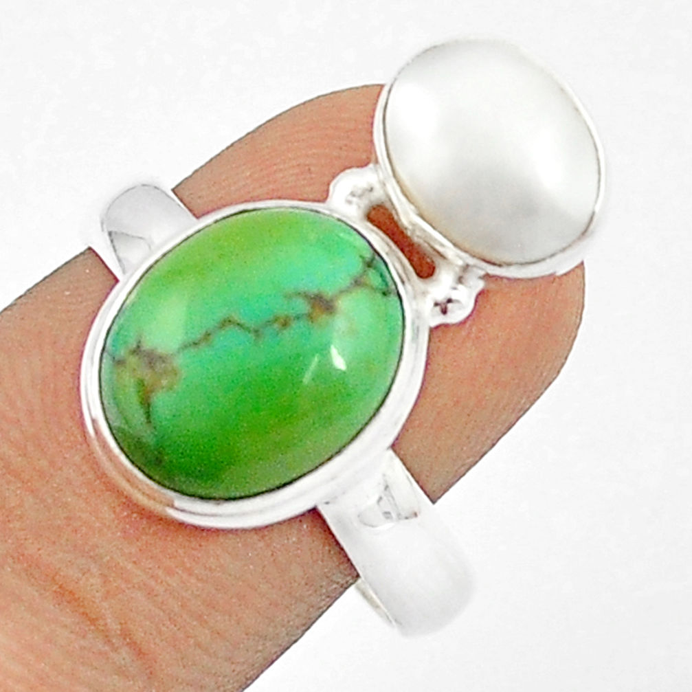 925 silver 6.54cts natural green turquoise tibetan pearl ring size 8.5 u27375