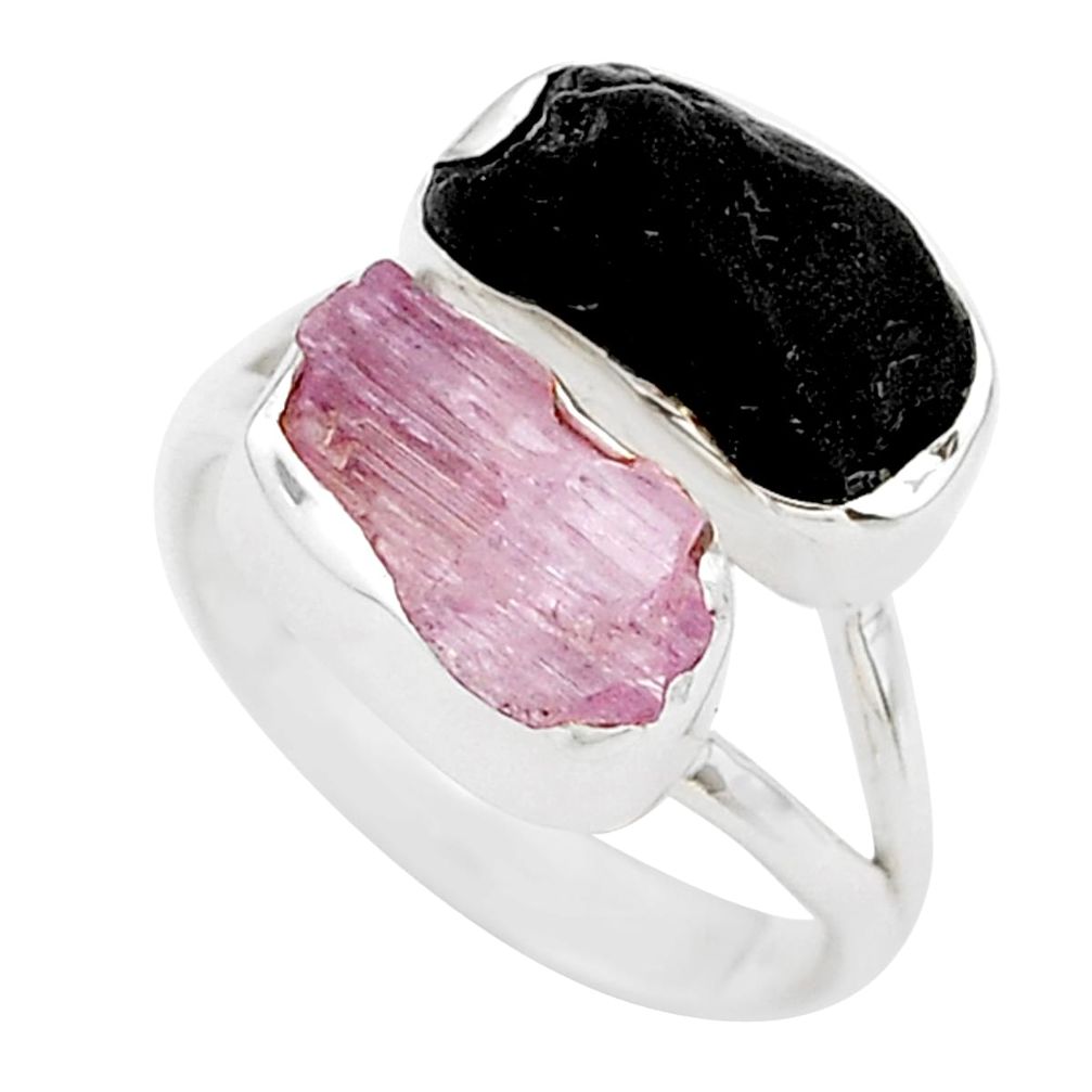 925 silver 10.82cts natural kunzite black tourmaline raw ring size 7 t21013