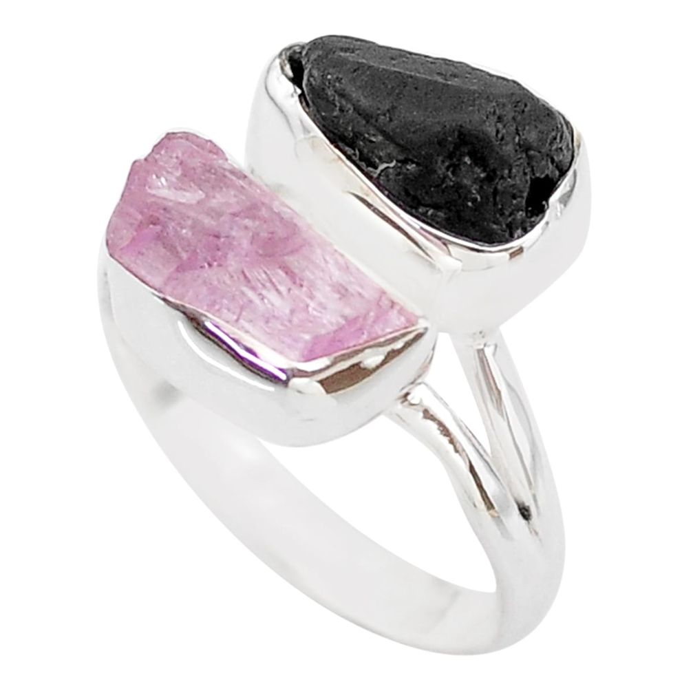 925 silver 11.66cts natural kunzite black tourmaline raw ring size 9 t21008