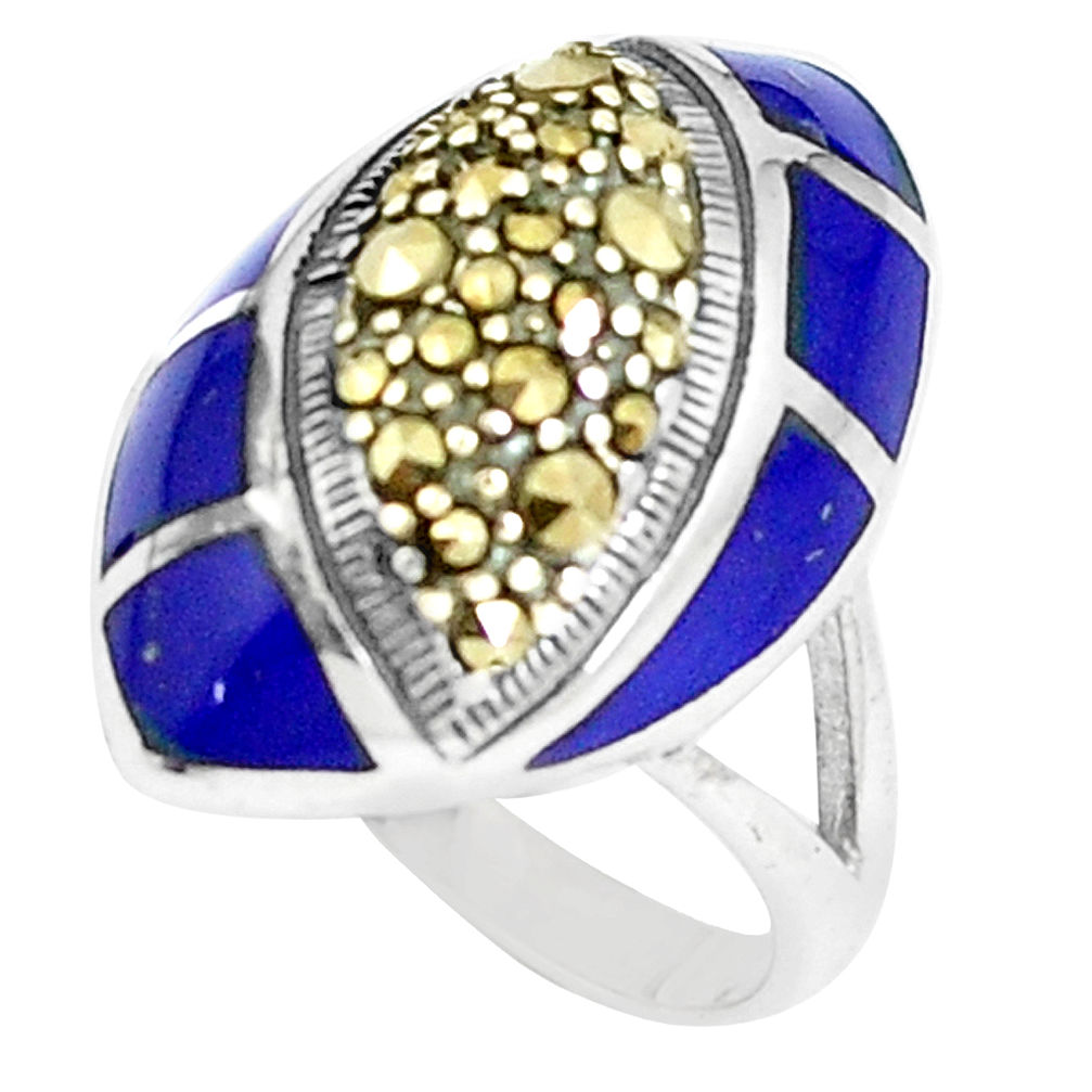 925 silver 5.42cts natural blue lapis lazuli marcasite ring size 5.5 c16331