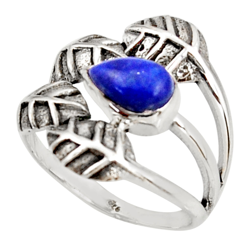 925 silver 2.63cts natural lapis lazuli pear solitaire leaf ring size 8.5 r37048