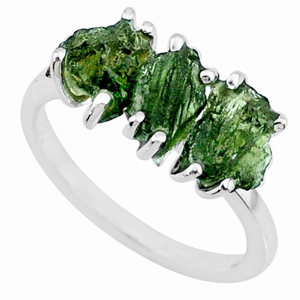 925 silver 7.96cts natural moldavite (genuine czech) 3 stone ring size 8 r71944