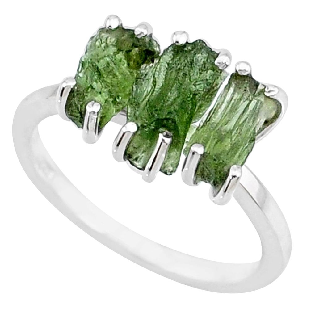 925 silver 8.33cts natural moldavite (genuine czech) 3 stone ring size 8 r71957