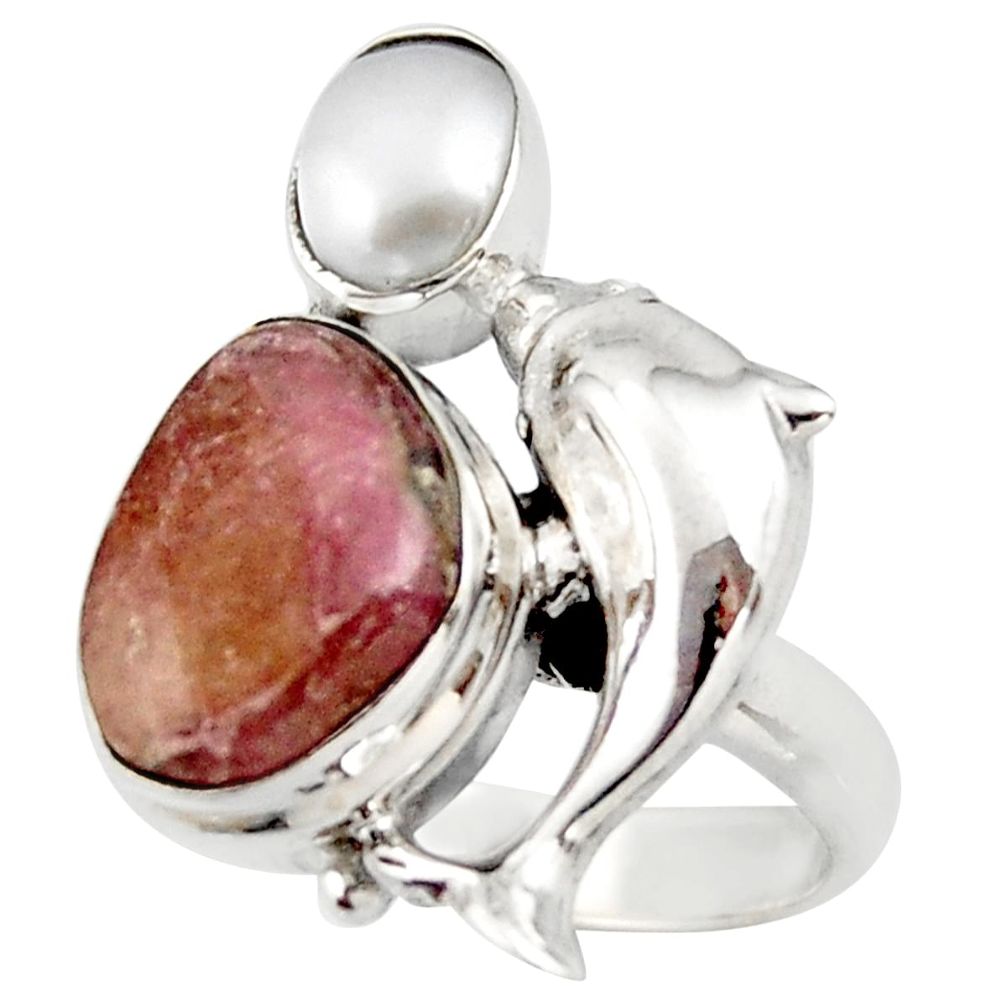 925 silver 7.58cts natural pink bio tourmaline dolphin ring size 7.5 d46013