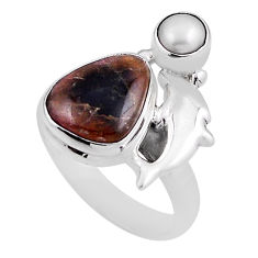 925 silver 5.31cts natural pink bio tourmaline pearl dolphin ring size 7 n26072