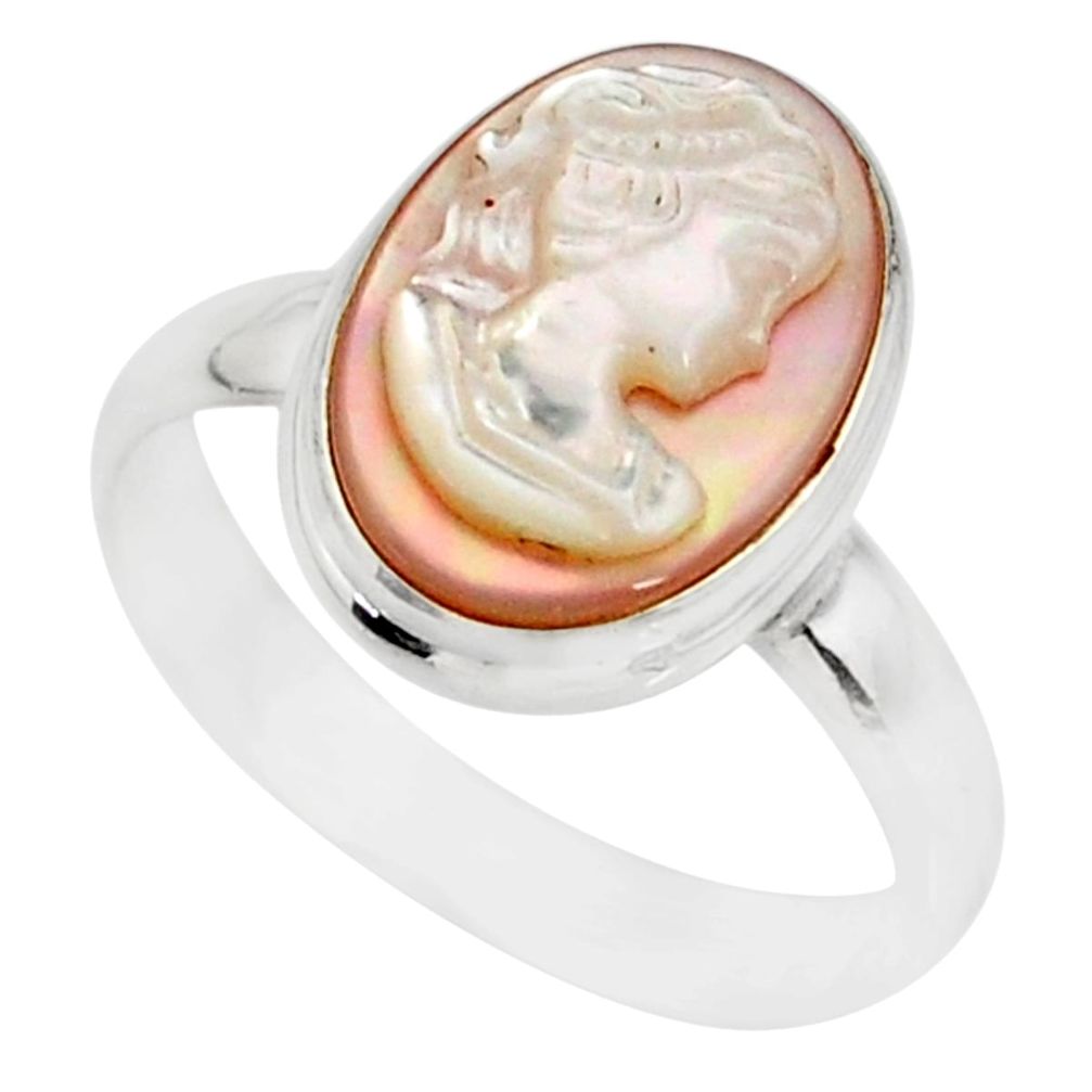 925 silver 5.11cts natural pink cameo on shell lady face ring size 8 r80444