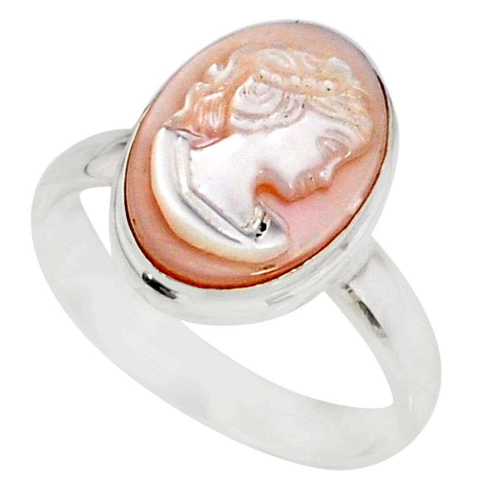 925 silver 5.08cts natural pink cameo on shell lady face ring size 8 r80474